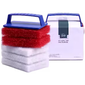 Scrubby set rood en wit met drie rode en drie witte schuurpads, gepresenteerd naast witte doos met label 'scrubby set red & white'"