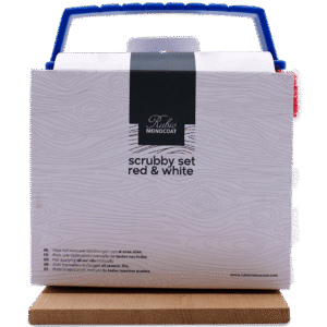 Rubio Monocoat scrubby set rood en wit, verpakt in een doos met houtnerfdesign
