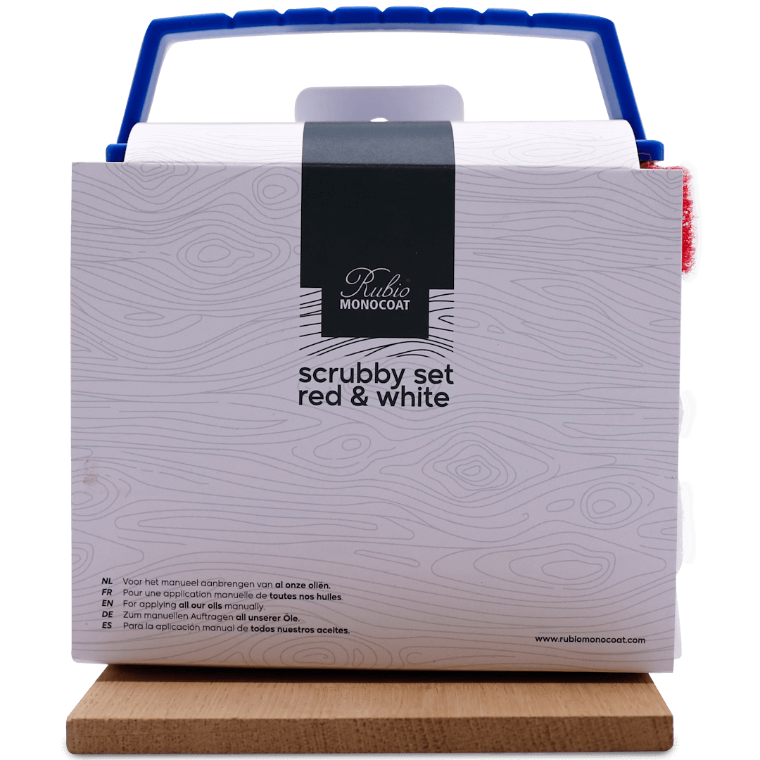Rubio Monocoat scrubby set rood en wit, verpakt in een doos met houtnerfdesign